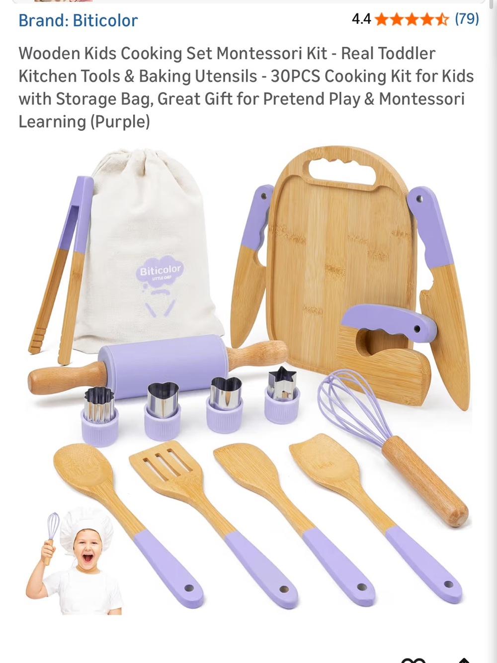 Biticolor Wooden Kids Cooking Set in Lavender kitchen utensils set